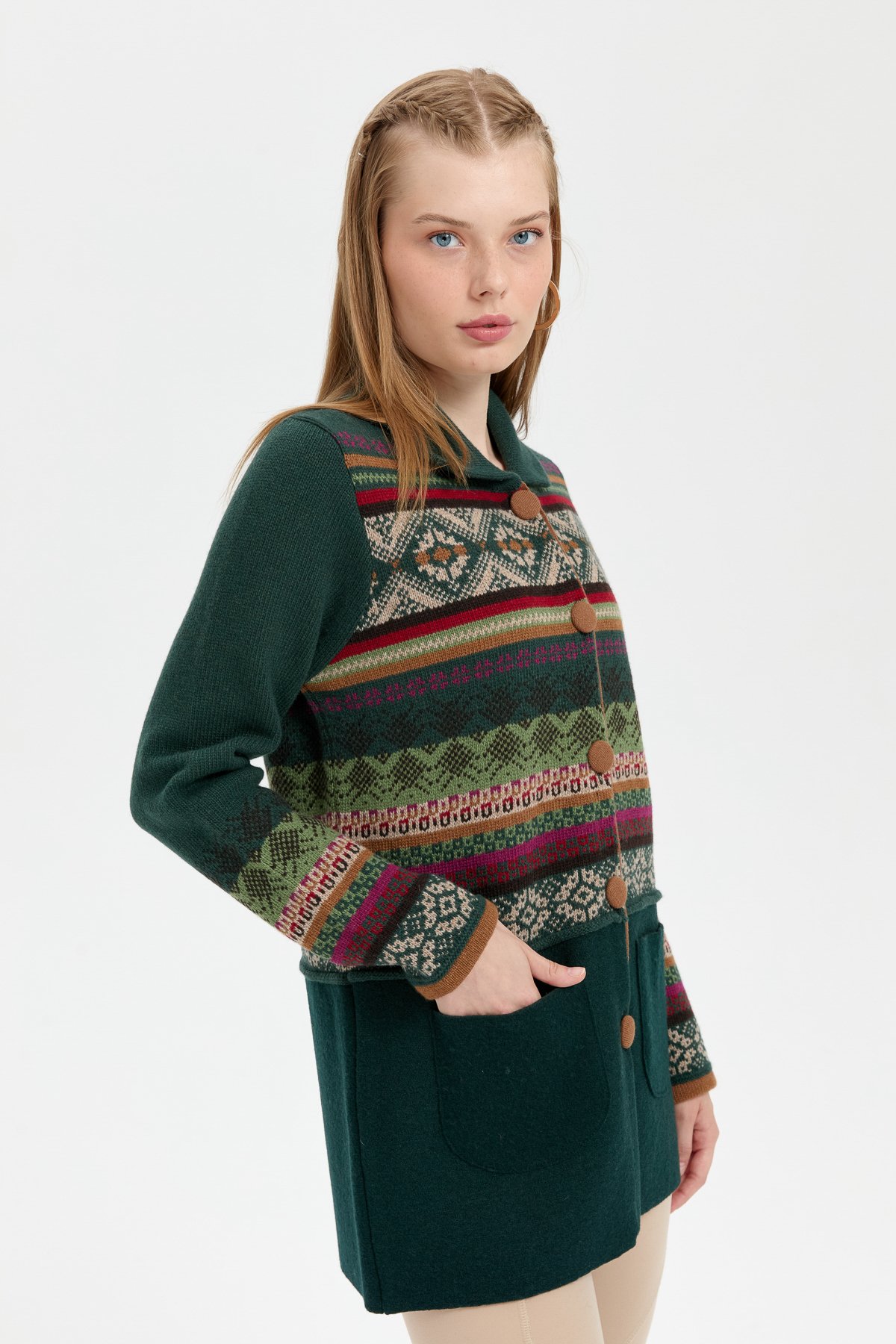 24078Kadın Polo Yaka Eteği Keçeli Araboy Yün Kaban Yeşil