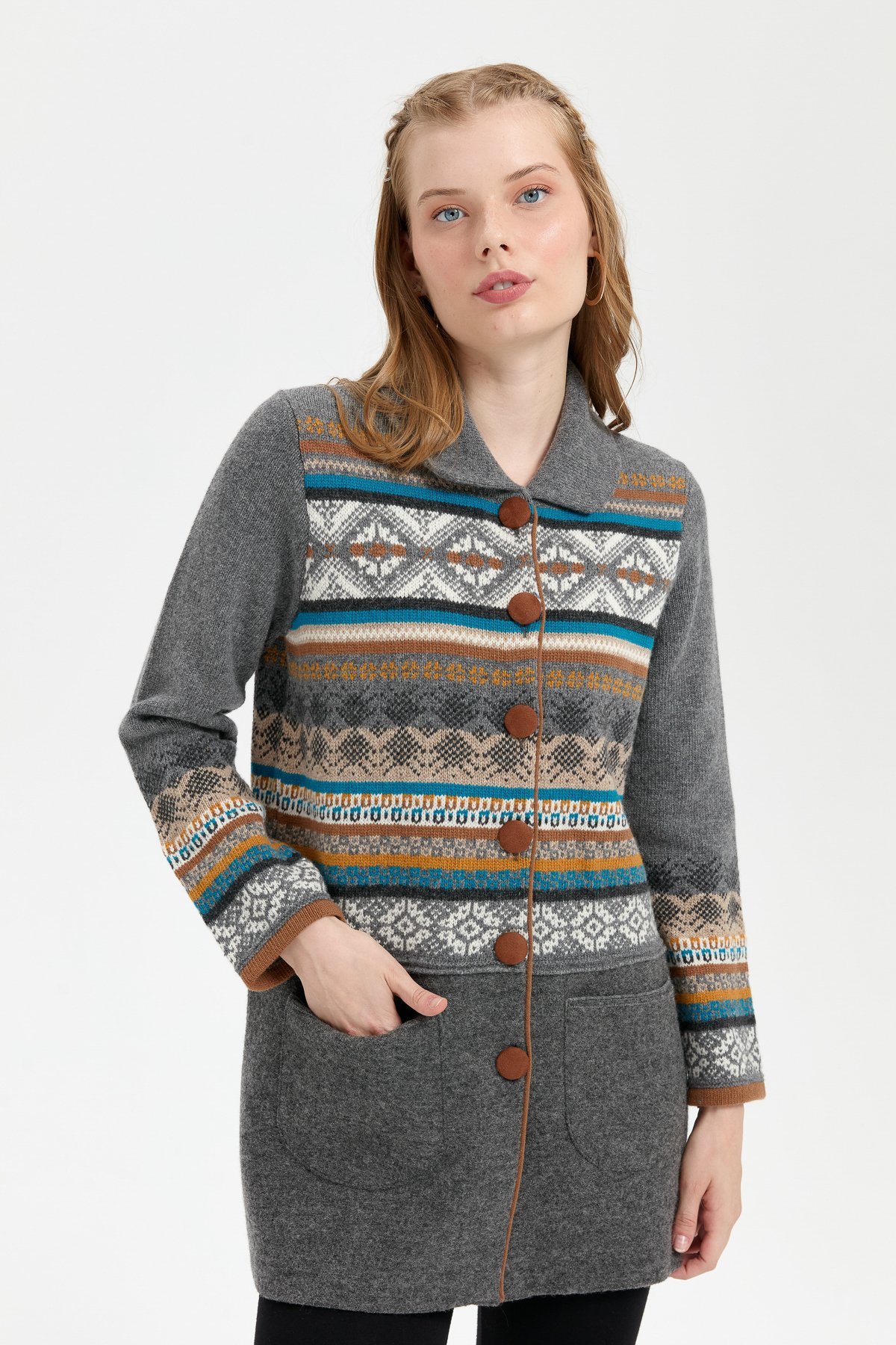 24078Kadın Polo Yaka Eteği Keçeli Araboy Yün Kaban Füme