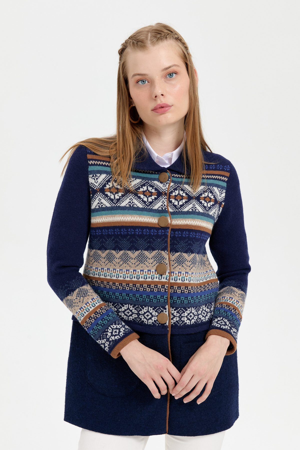 24078Kadın Polo Yaka Eteği Keçeli Araboy Yün Kaban Y.A Lacivert