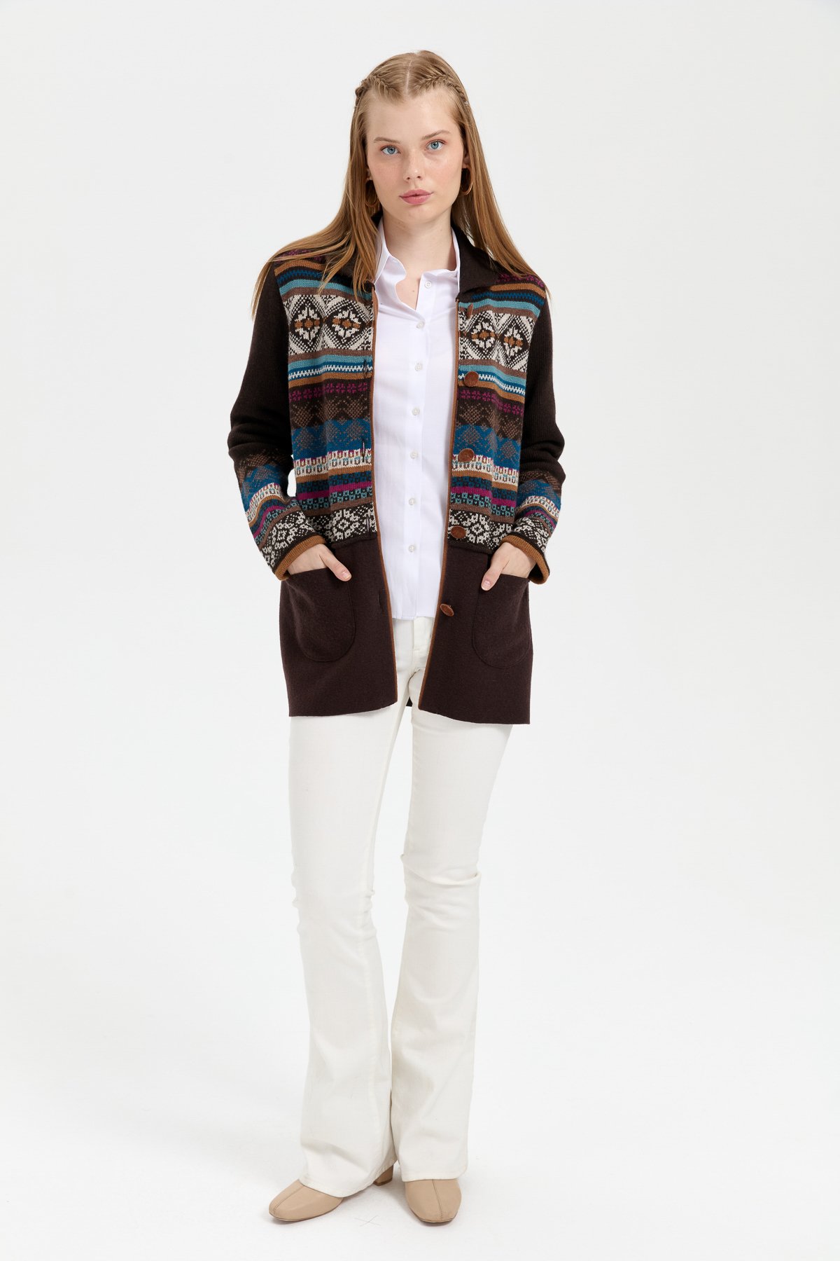 24078Kadın Polo Yaka Eteği Keçeli Araboy Yün Kaban K.Kahve