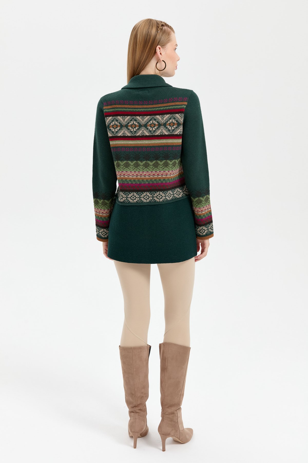 24078Kadın Polo Yaka Eteği Keçeli Araboy Yün Kaban Yeşil
