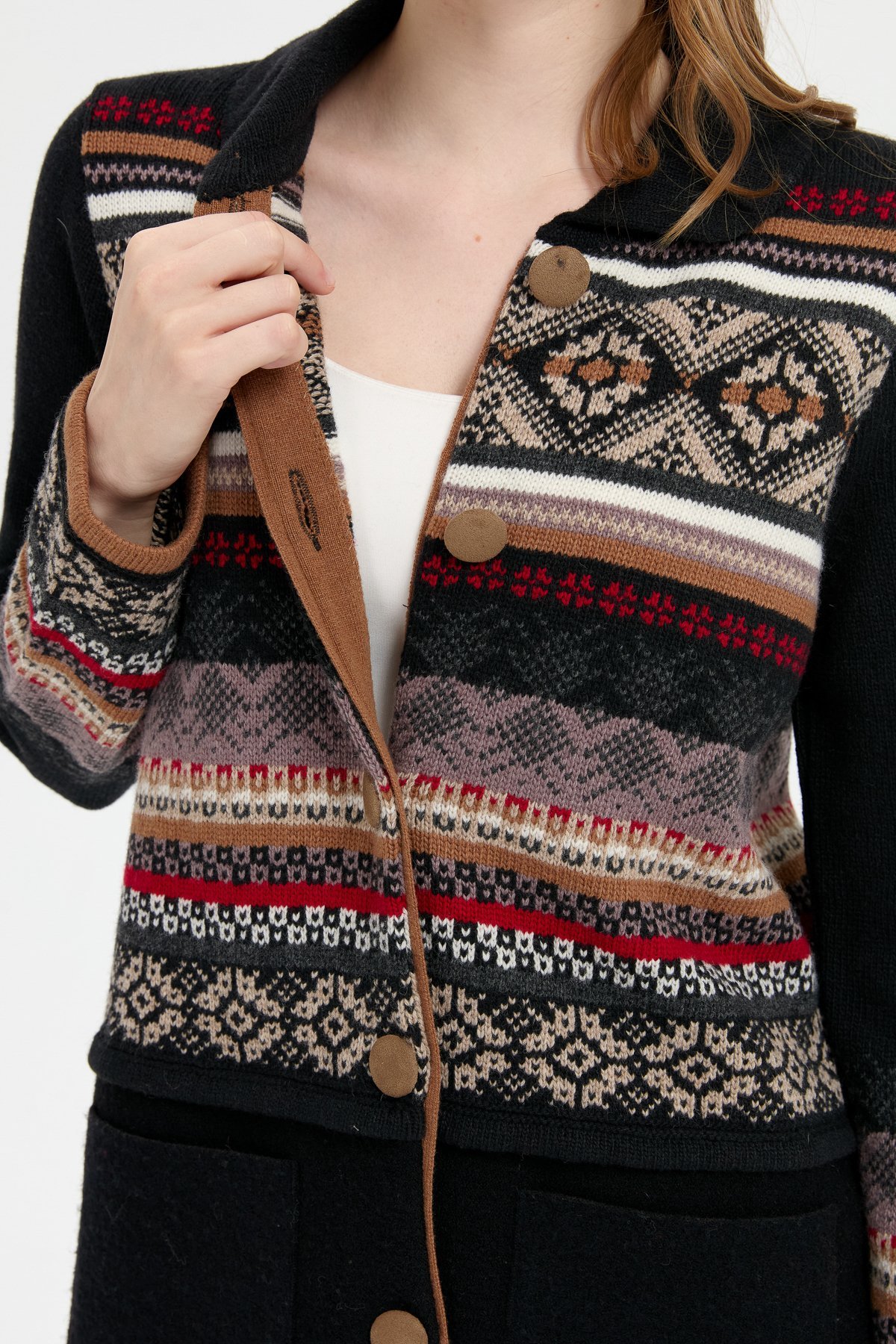 24078Kadın Polo Yaka Eteği Keçeli Araboy Yün Kaban Siyah