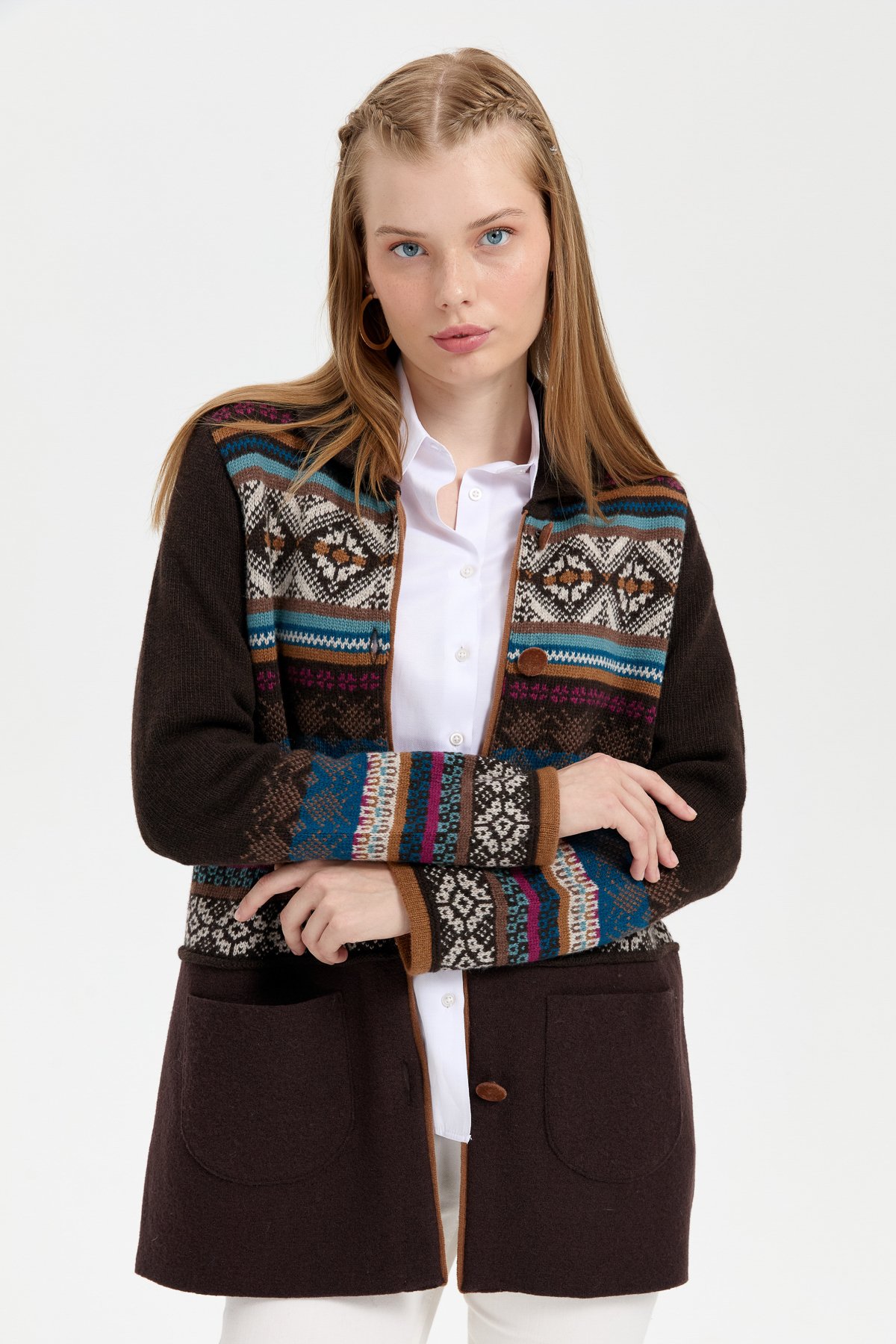 24078Kadın Polo Yaka Eteği Keçeli Araboy Yün Kaban K.Kahve