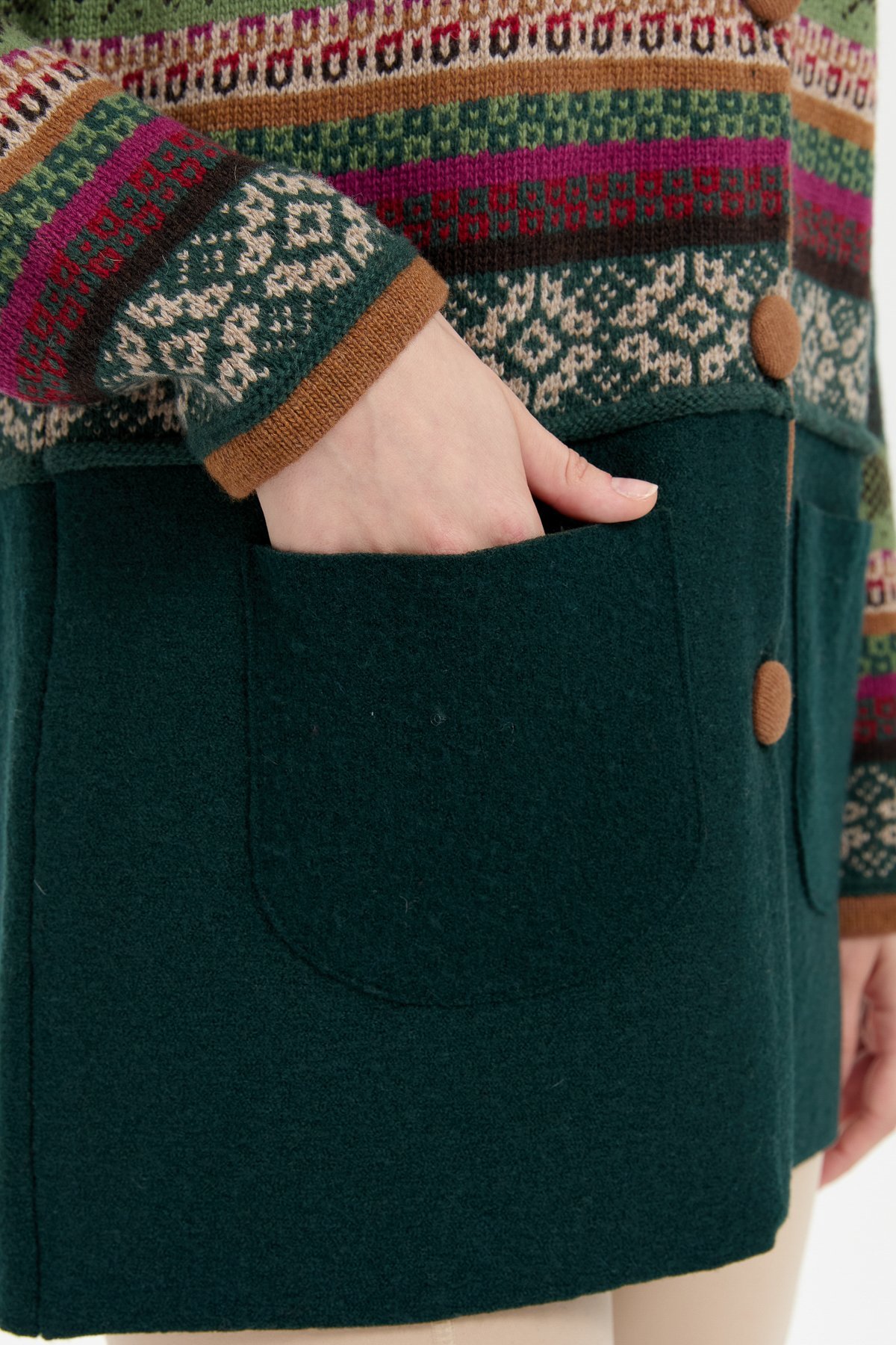 24078Kadın Polo Yaka Eteği Keçeli Araboy Yün Kaban Yeşil