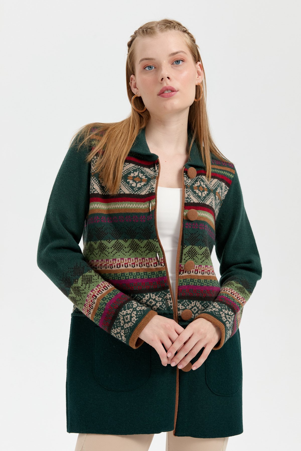 24078Kadın Polo Yaka Eteği Keçeli Araboy Yün Kaban Yeşil