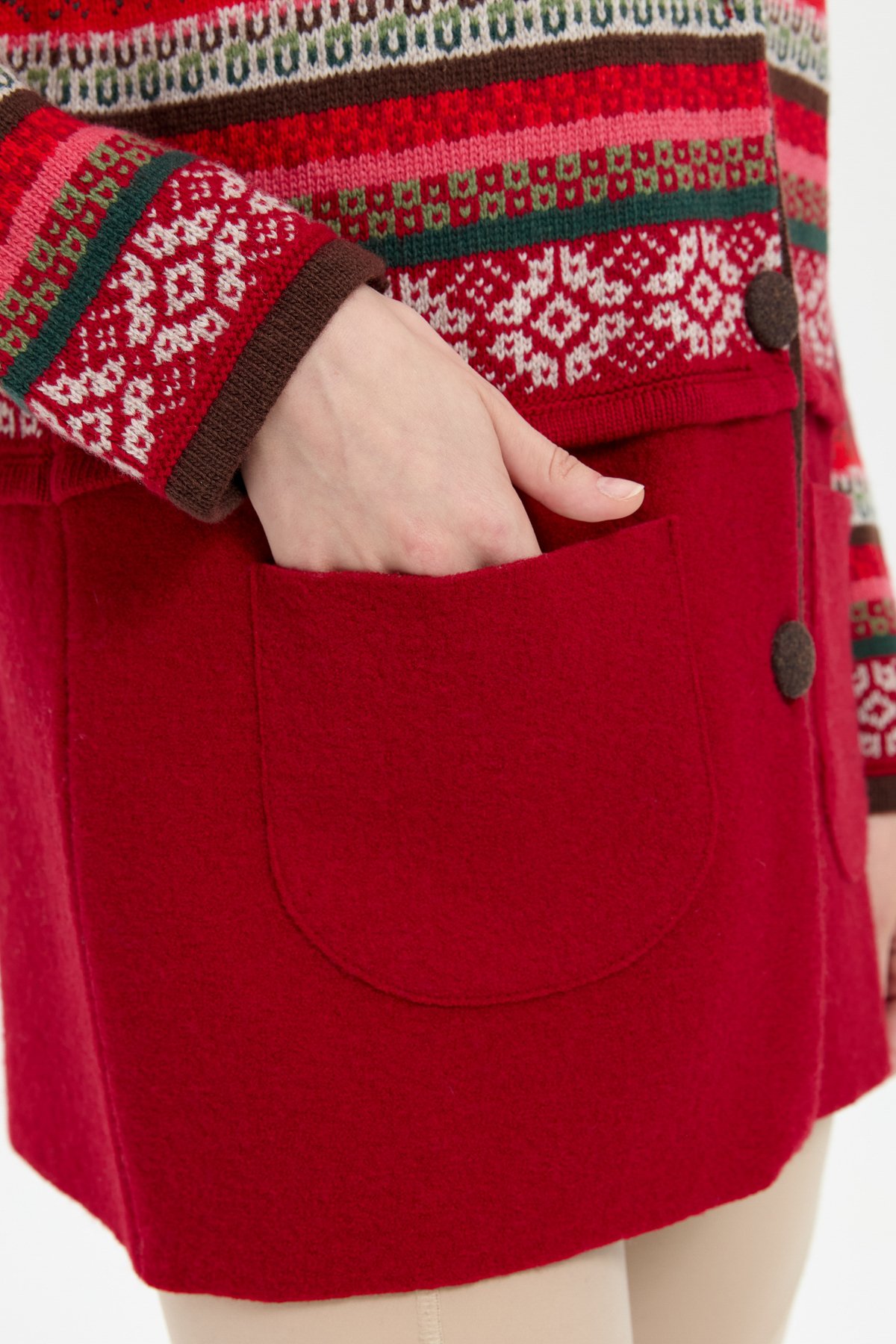 24078Kadın Polo Yaka Eteği Keçeli Araboy Yün Kaban K.Kırmızı