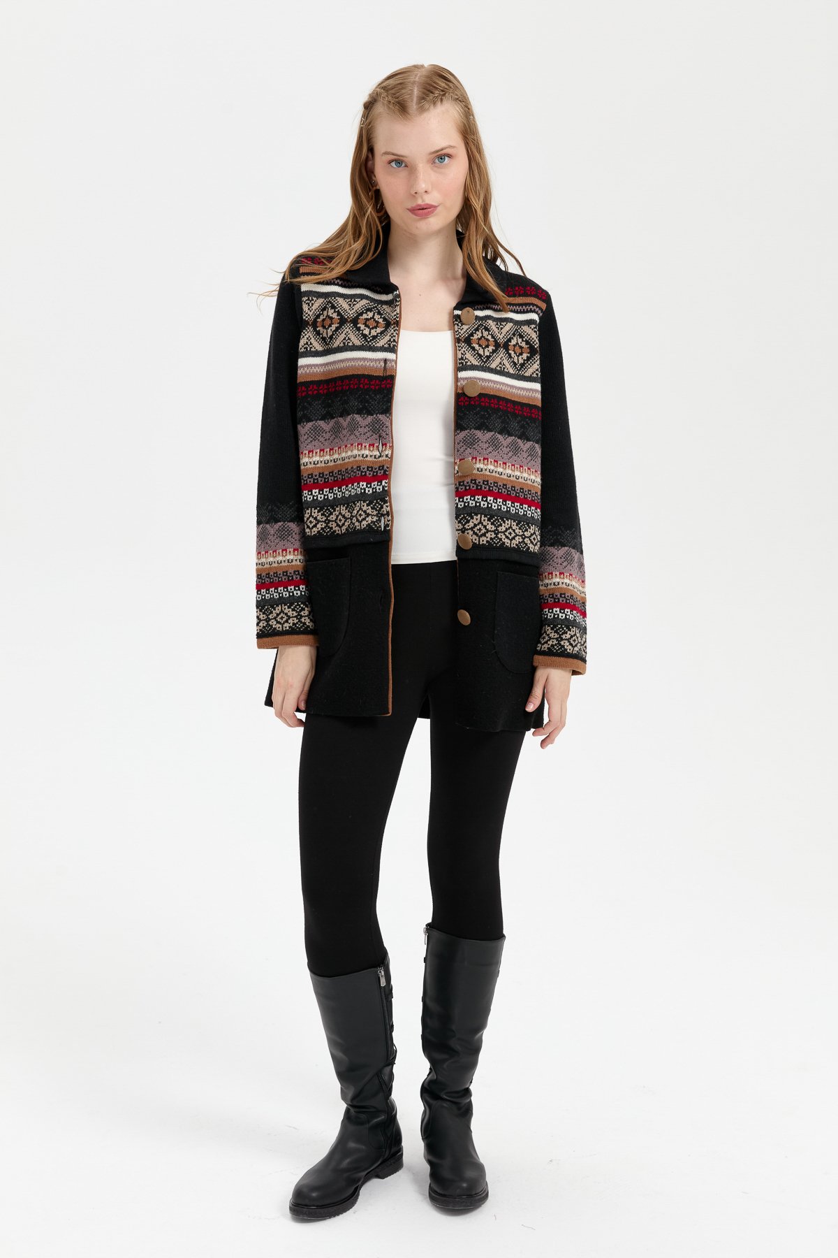 24078Kadın Polo Yaka Eteği Keçeli Araboy Yün Kaban Siyah