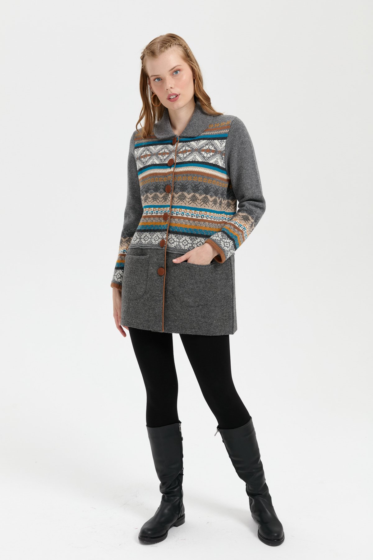 24078Kadın Polo Yaka Eteği Keçeli Araboy Yün Kaban Füme