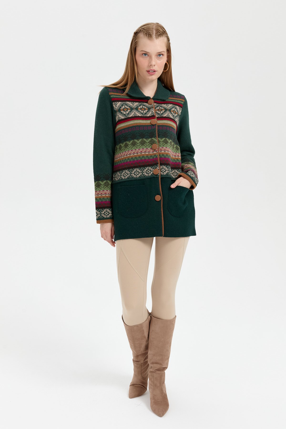 24078Kadın Polo Yaka Eteği Keçeli Araboy Yün Kaban Yeşil