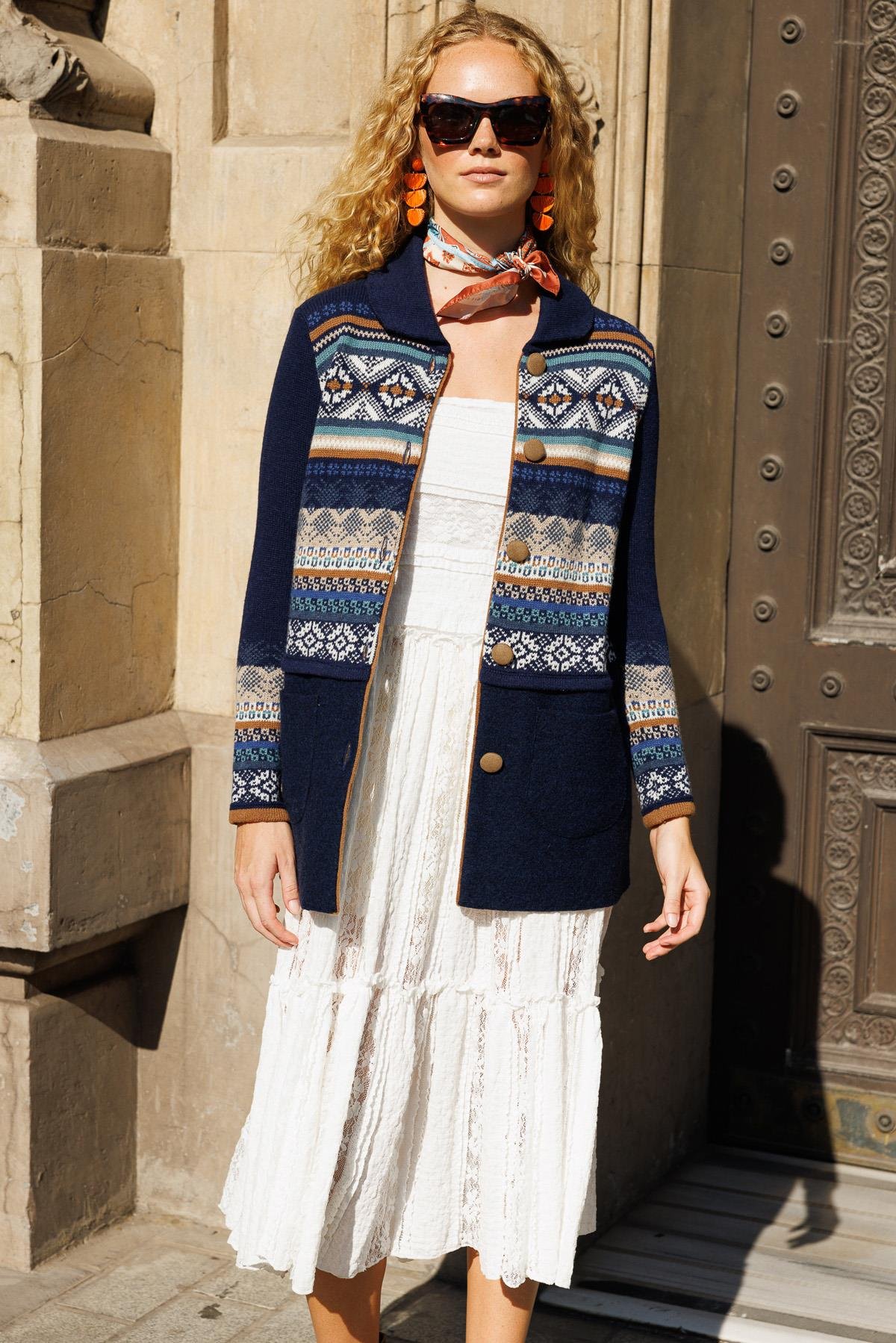 24078Kadın Polo Yaka Eteği Keçeli Araboy Yün Kaban Y.A Lacivert