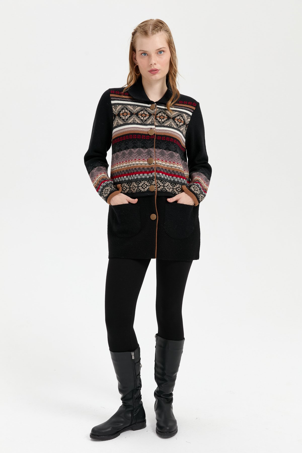 24078Kadın Polo Yaka Eteği Keçeli Araboy Yün Kaban Siyah