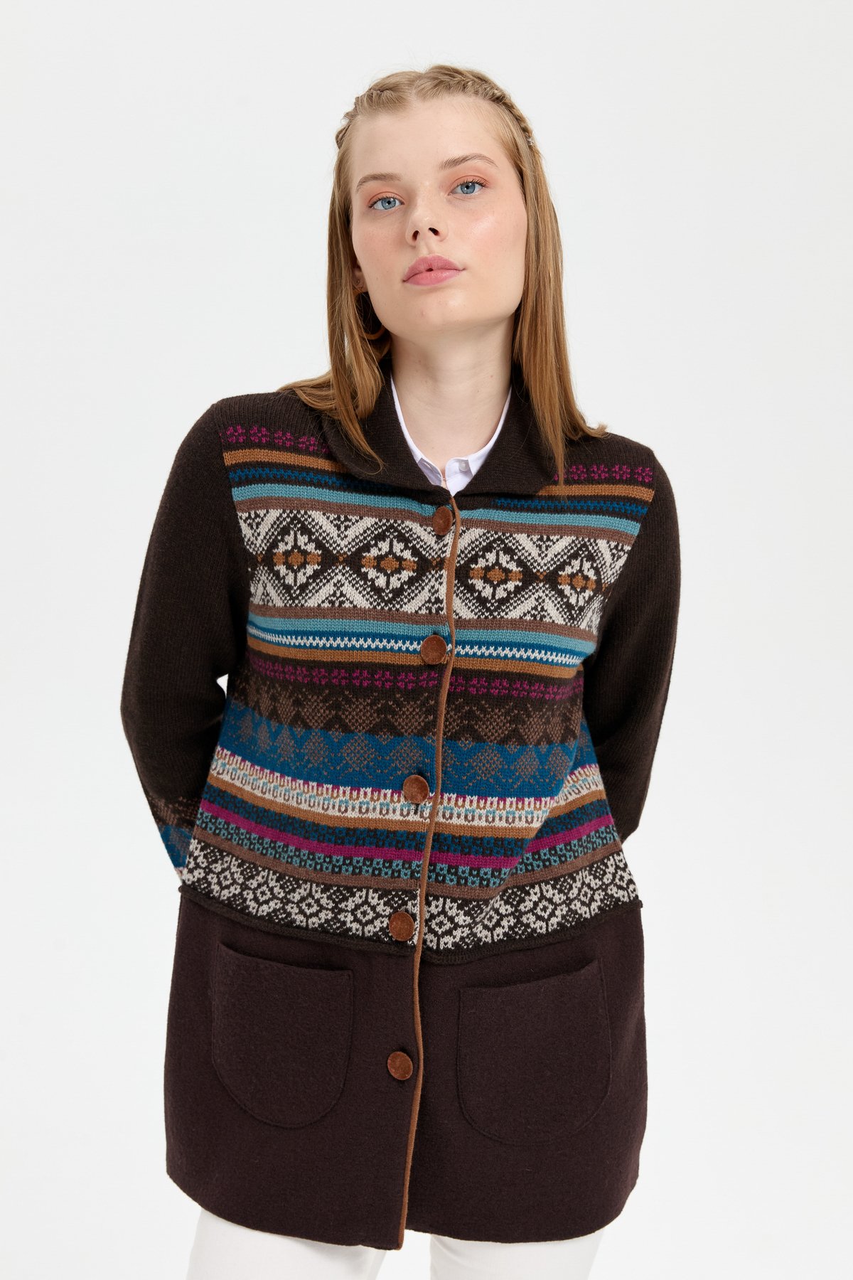 24078Kadın Polo Yaka Eteği Keçeli Araboy Yün Kaban K.Kahve