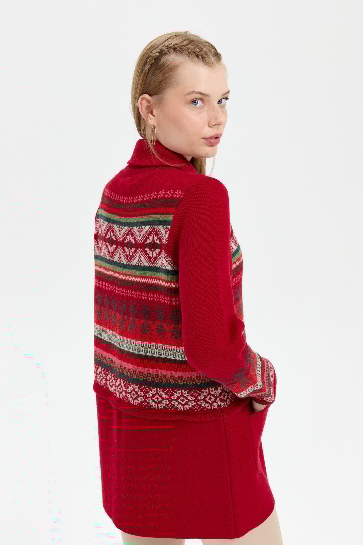 24078Kadın Polo Yaka Eteği Keçeli Araboy Yün Kaban K.Kırmızı