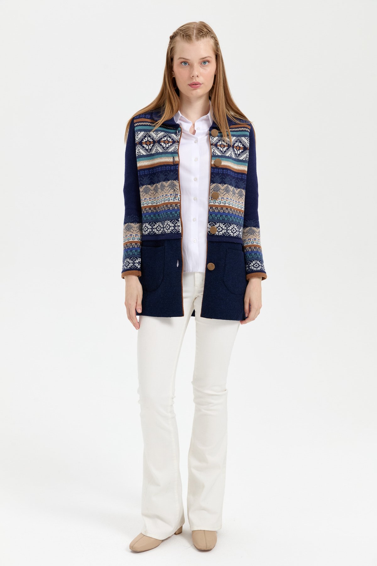 24078Kadın Polo Yaka Eteği Keçeli Araboy Yün Kaban Y.A Lacivert