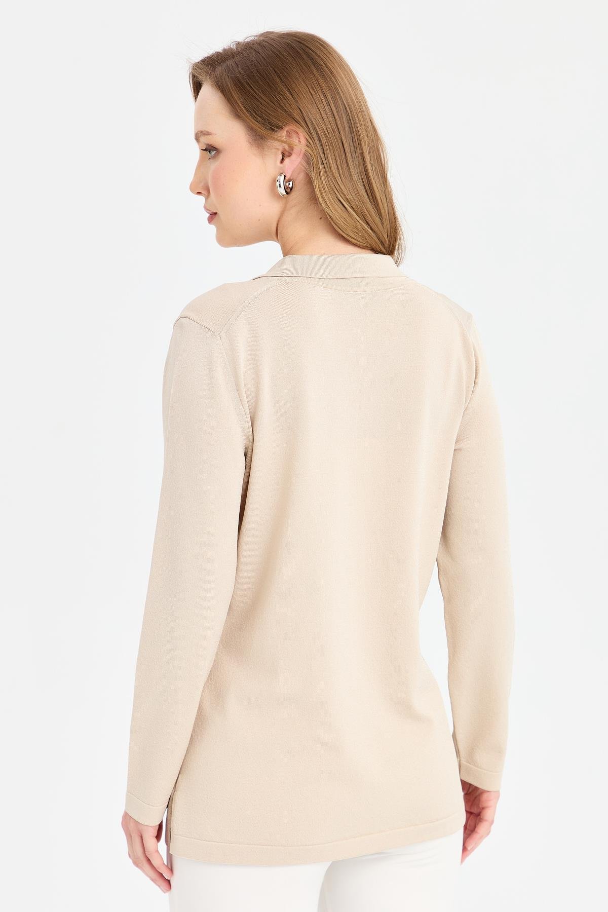 24355Kadın Polo Yaka İnce Triko Bluz Bej