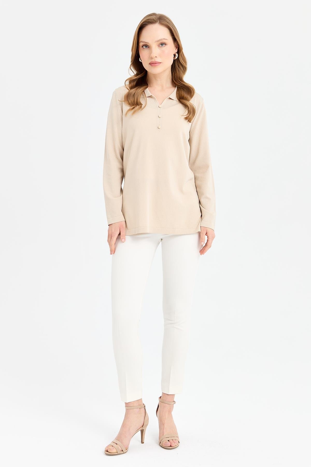 24355Kadın Polo Yaka İnce Triko Bluz Bej