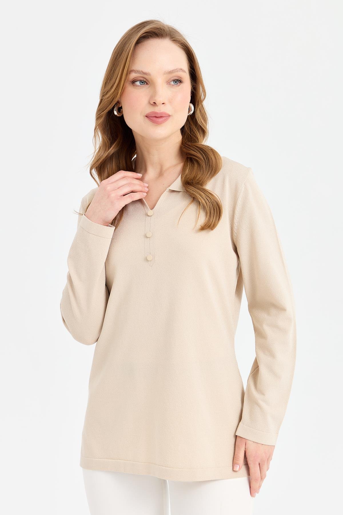 24355Kadın Polo Yaka İnce Triko Bluz Bej