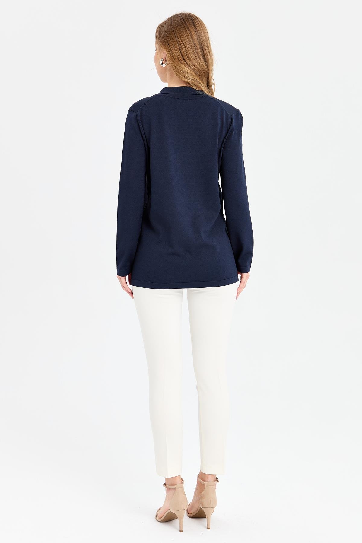 24355Kadın Polo Yaka İnce Triko Bluz Lacivert