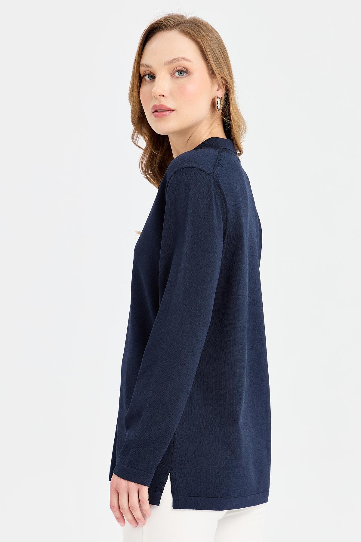 24355Kadın Polo Yaka İnce Triko Bluz Lacivert