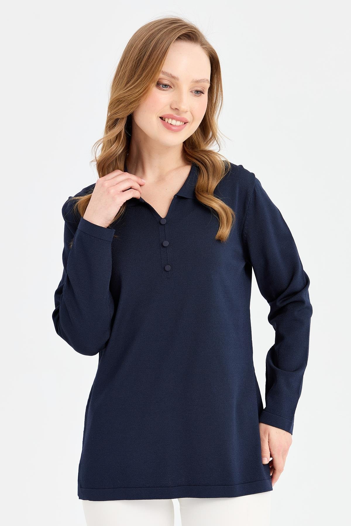 24355Kadın Polo Yaka İnce Triko Bluz Lacivert