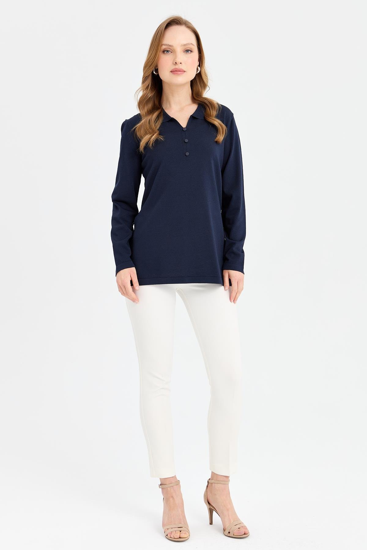 24355Kadın Polo Yaka İnce Triko Bluz Lacivert