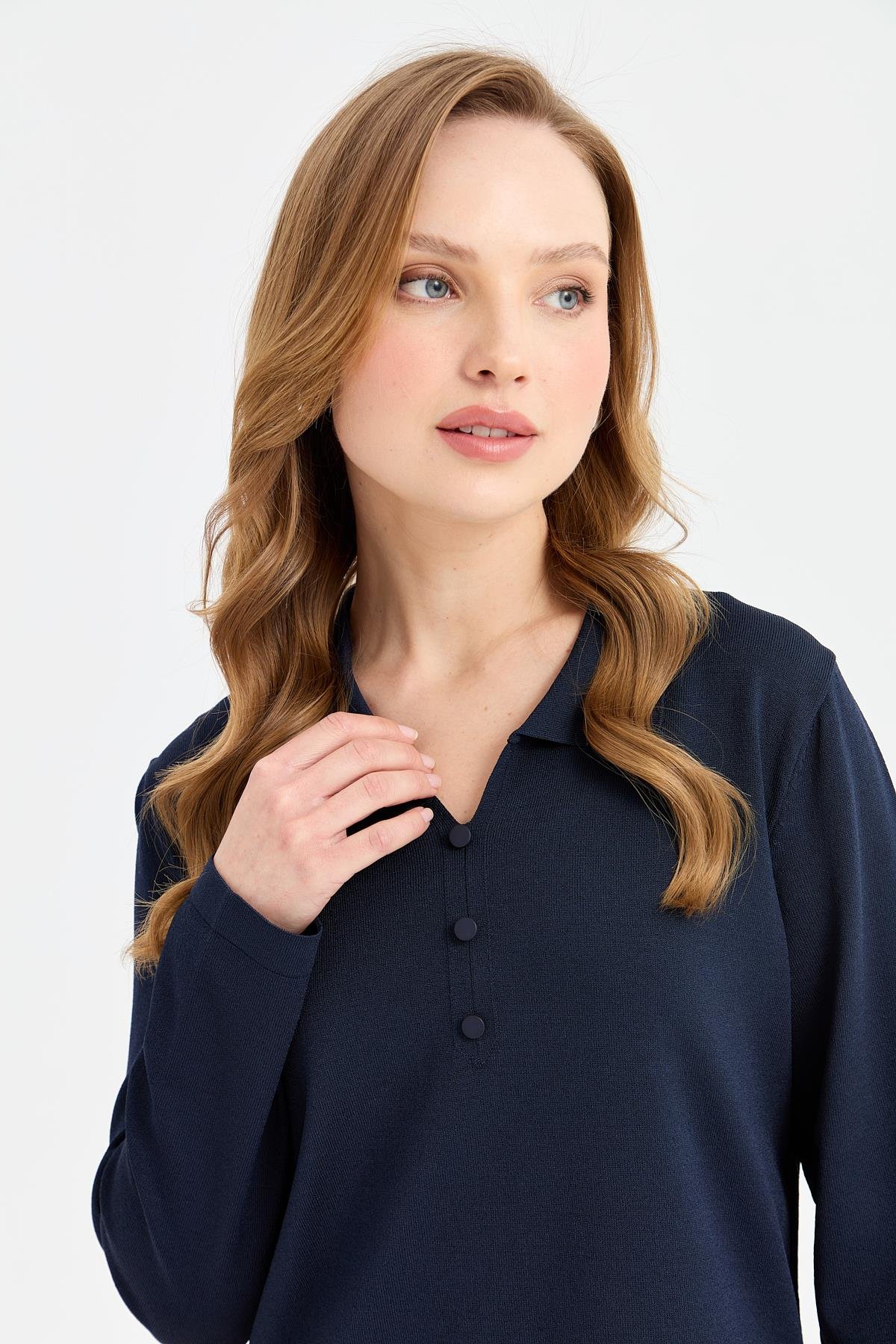 24355Kadın Polo Yaka İnce Triko Bluz Lacivert