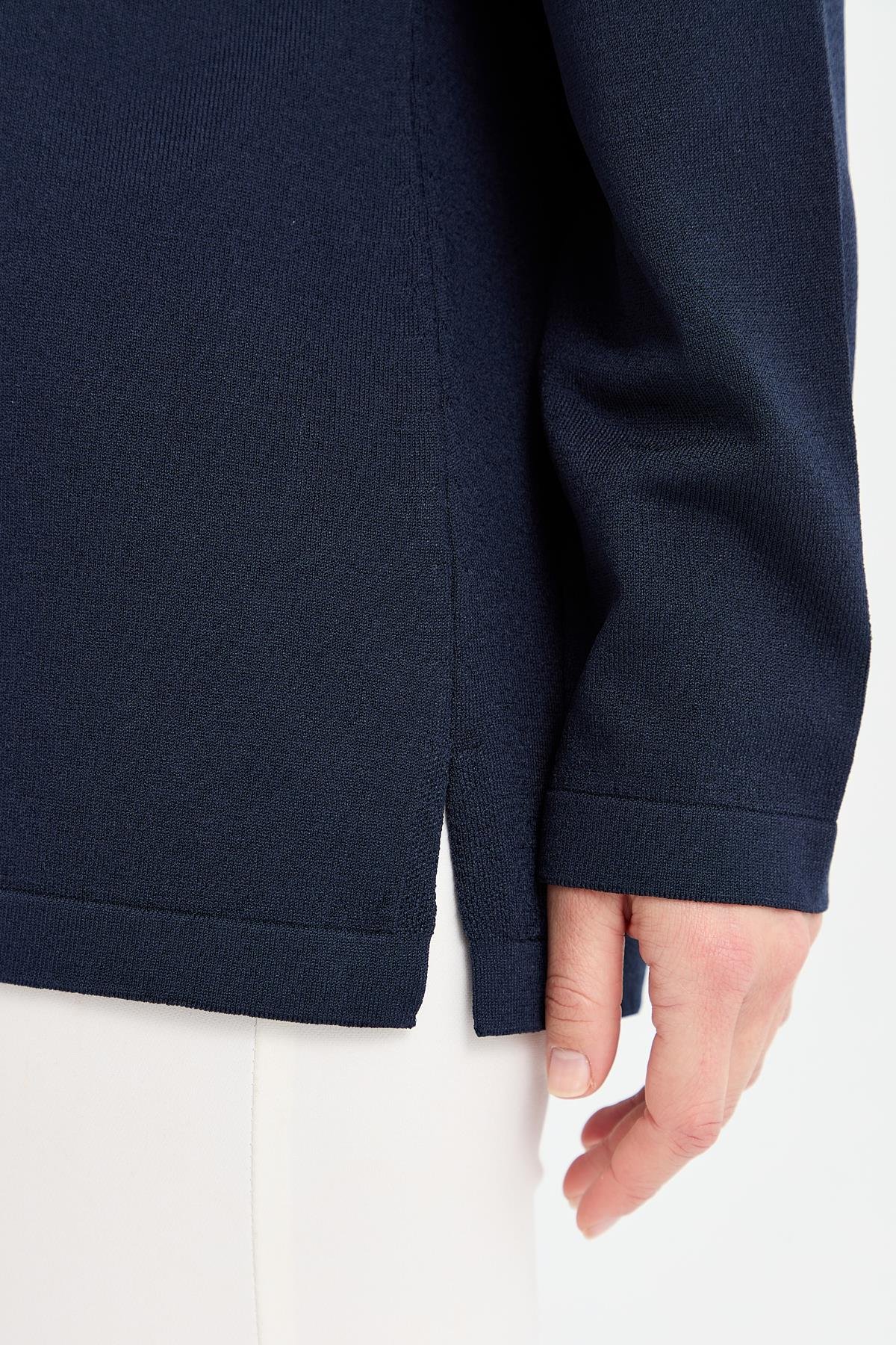 24355Kadın Polo Yaka İnce Triko Bluz Lacivert