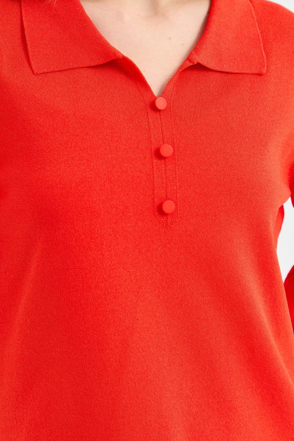 24355Kadın Polo Yaka İnce Triko Bluz Mercan