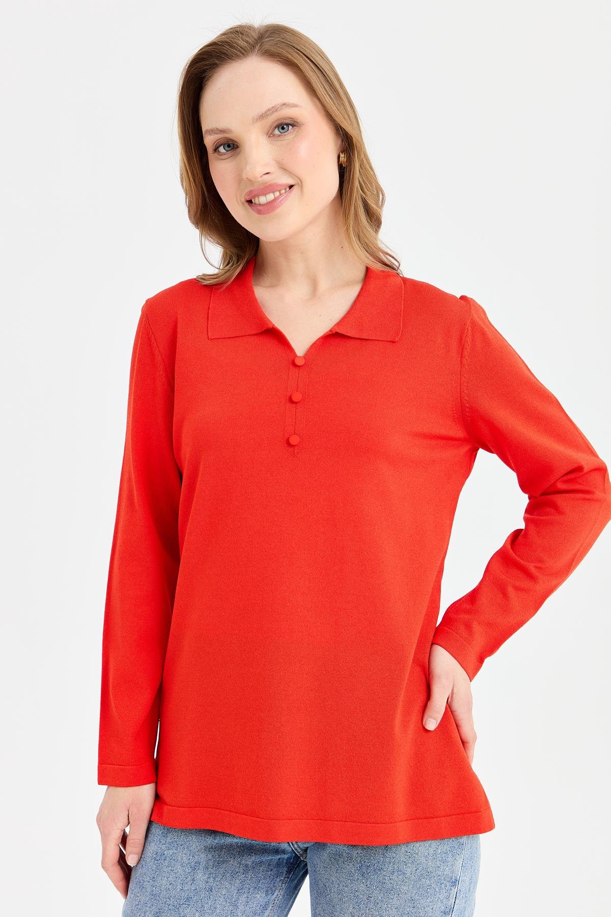 24355Kadın Polo Yaka İnce Triko Bluz Mercan