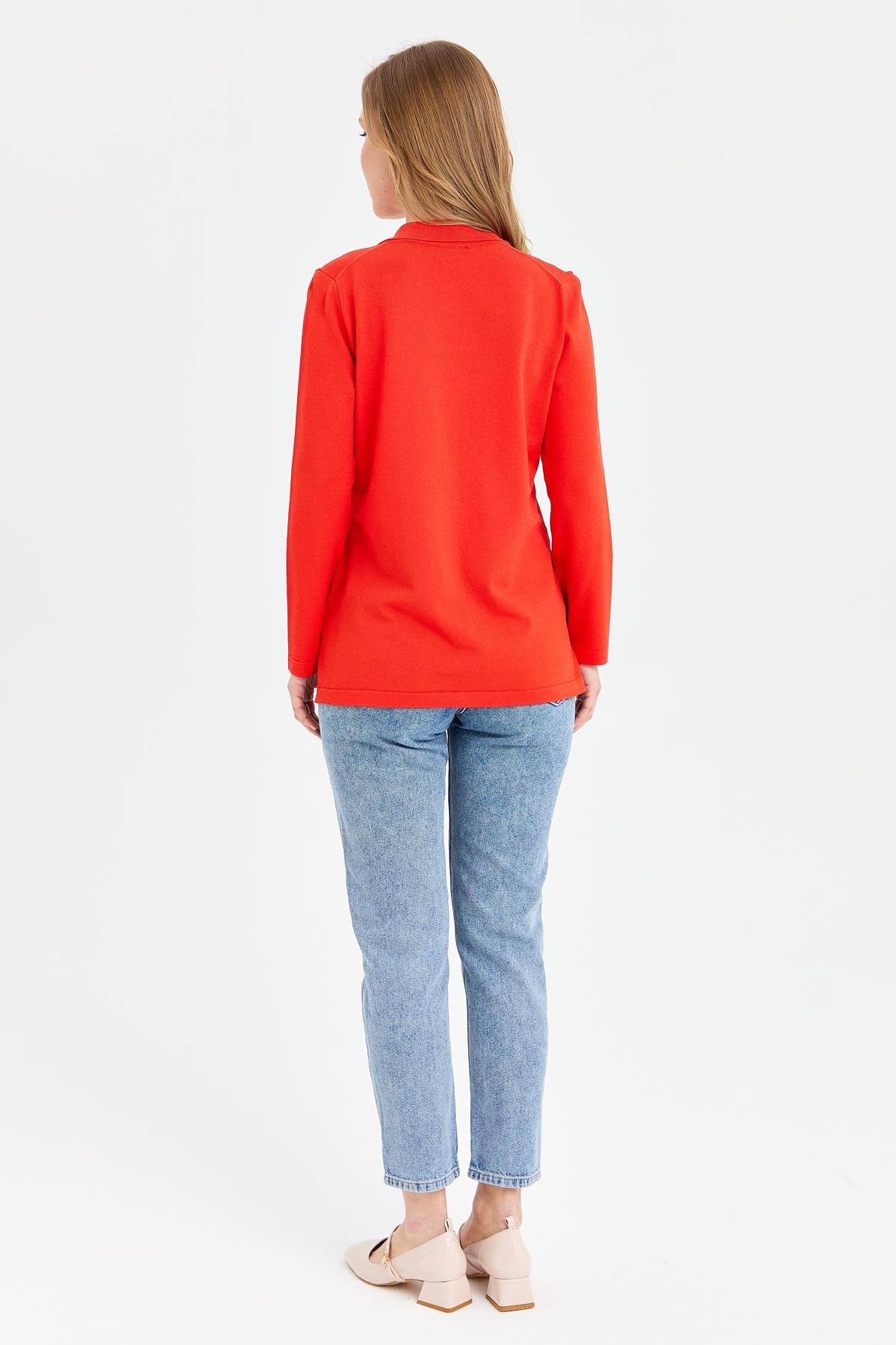 24355Kadın Polo Yaka İnce Triko Bluz Mercan