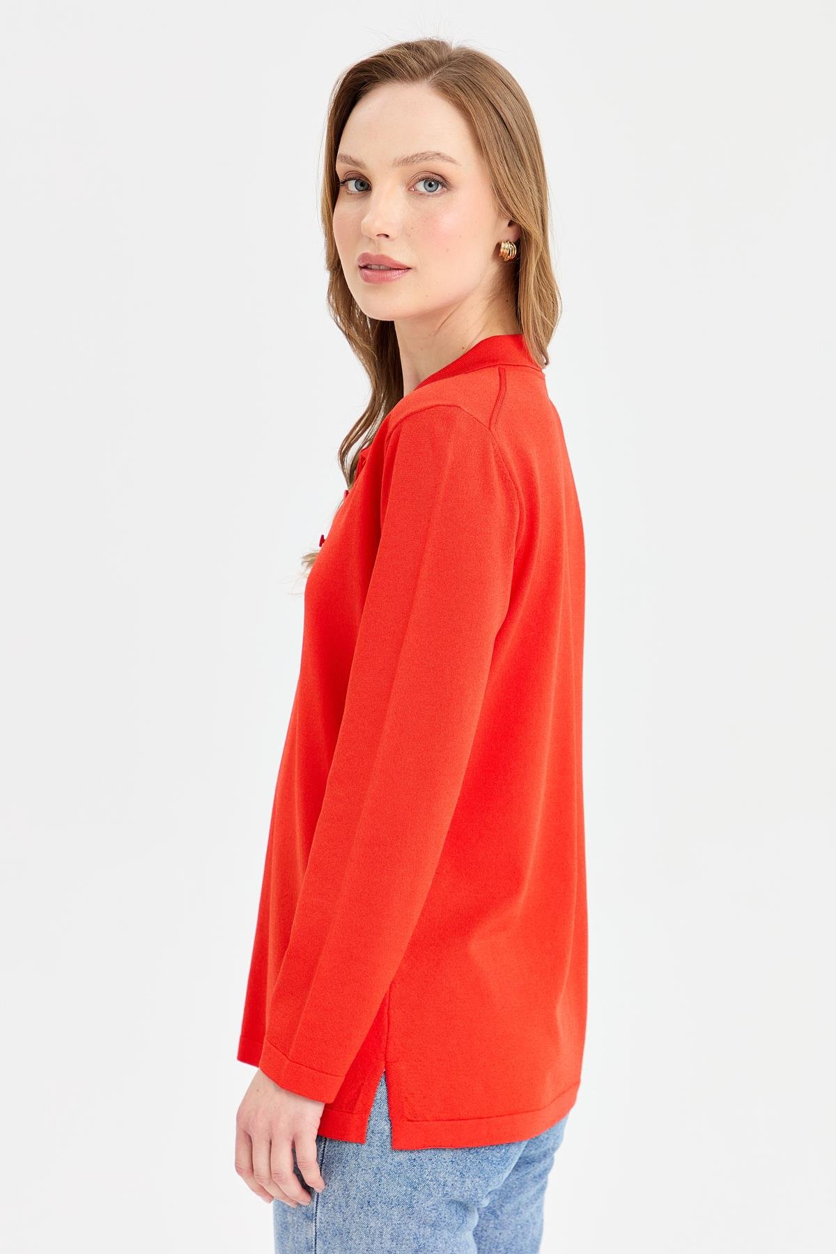 24355Kadın Polo Yaka İnce Triko Bluz Mercan