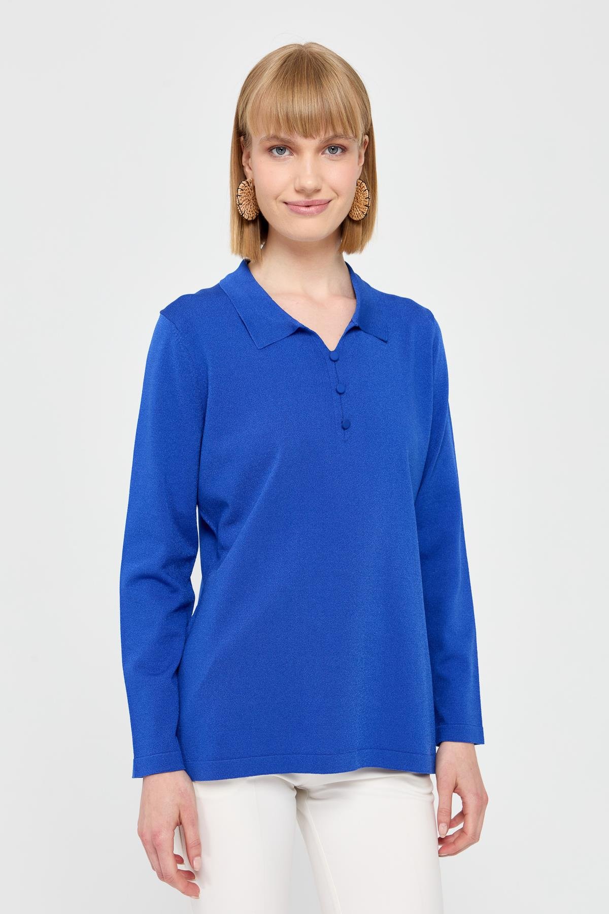 24355Kadın Polo Yaka İnce Triko Bluz Saks