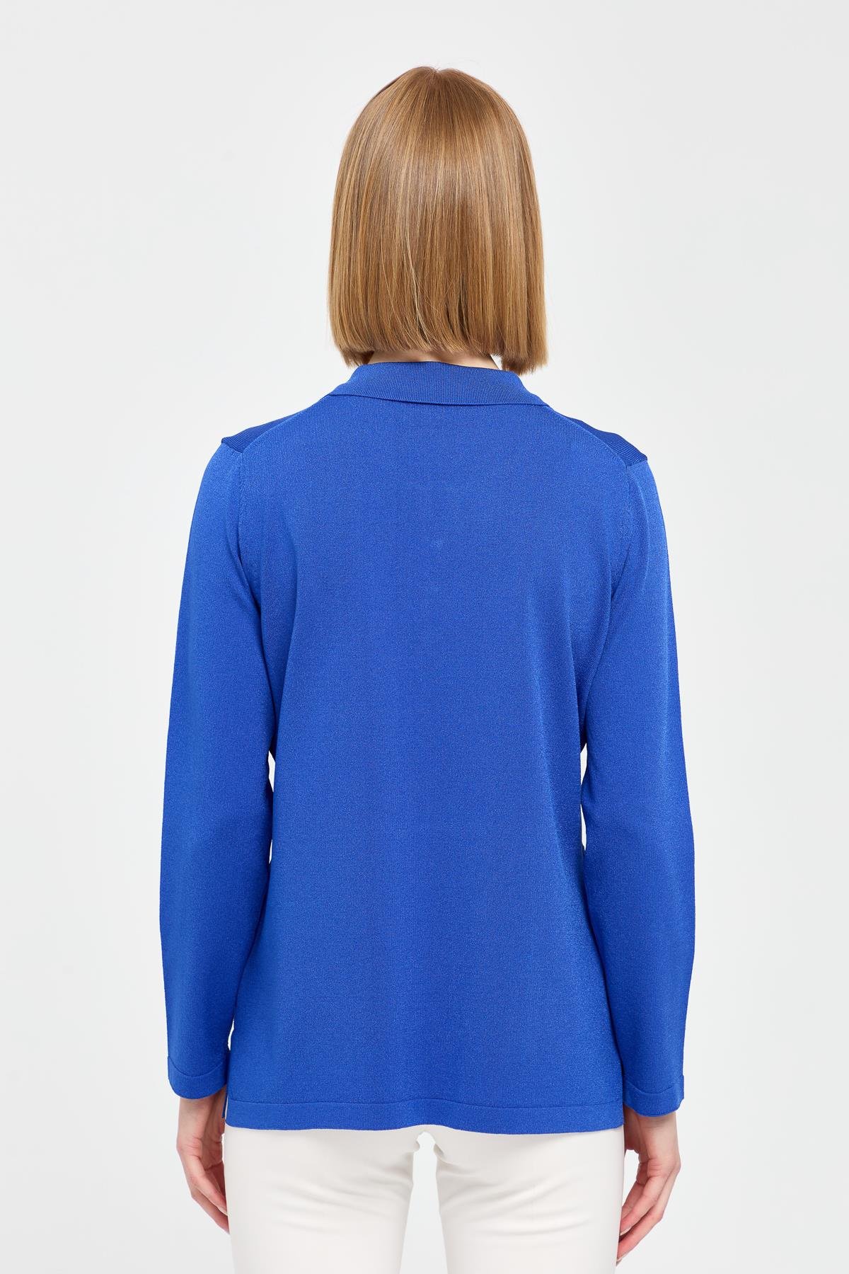 24355Kadın Polo Yaka İnce Triko Bluz Saks