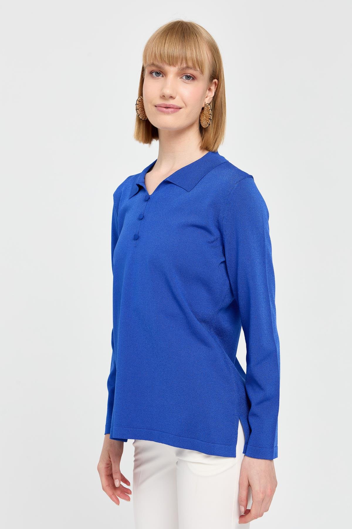 24355Kadın Polo Yaka İnce Triko Bluz Saks