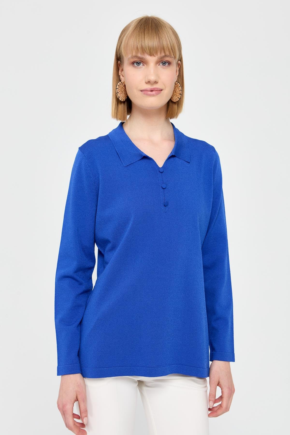 24355Kadın Polo Yaka İnce Triko Bluz Saks