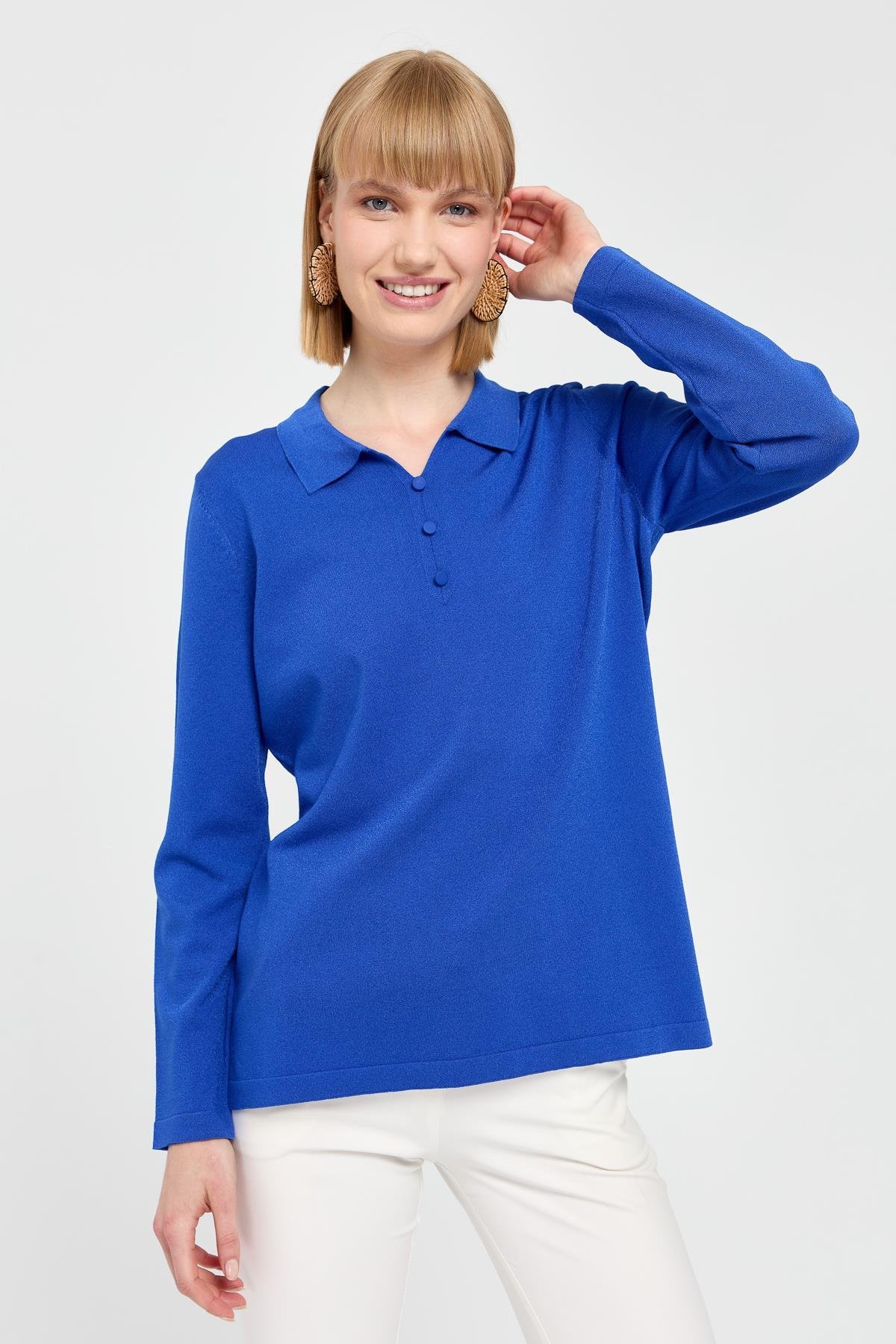 24355Kadın Polo Yaka İnce Triko Bluz Saks