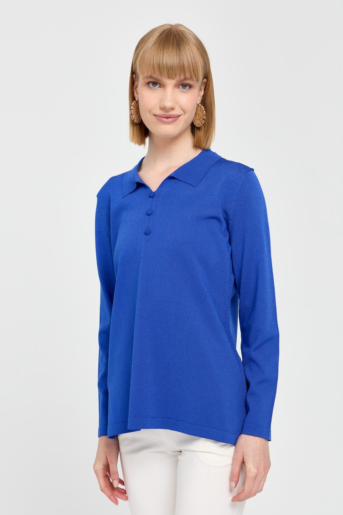 24355Kadın Polo Yaka İnce Triko Bluz Saks