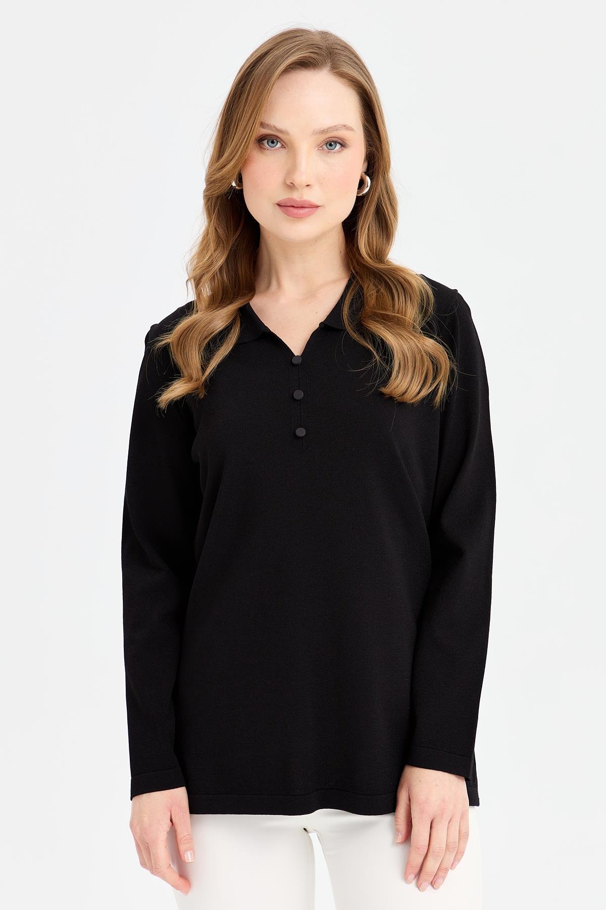 24355Kadın Polo Yaka İnce Triko Bluz Siyah