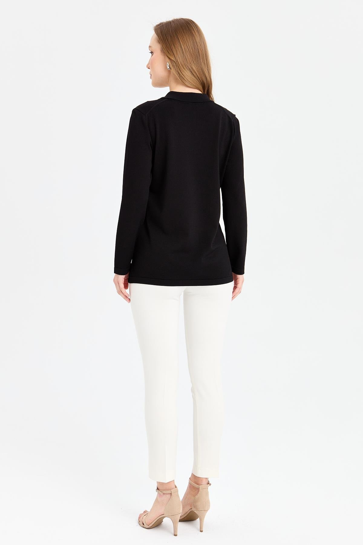24355Kadın Polo Yaka İnce Triko Bluz Siyah