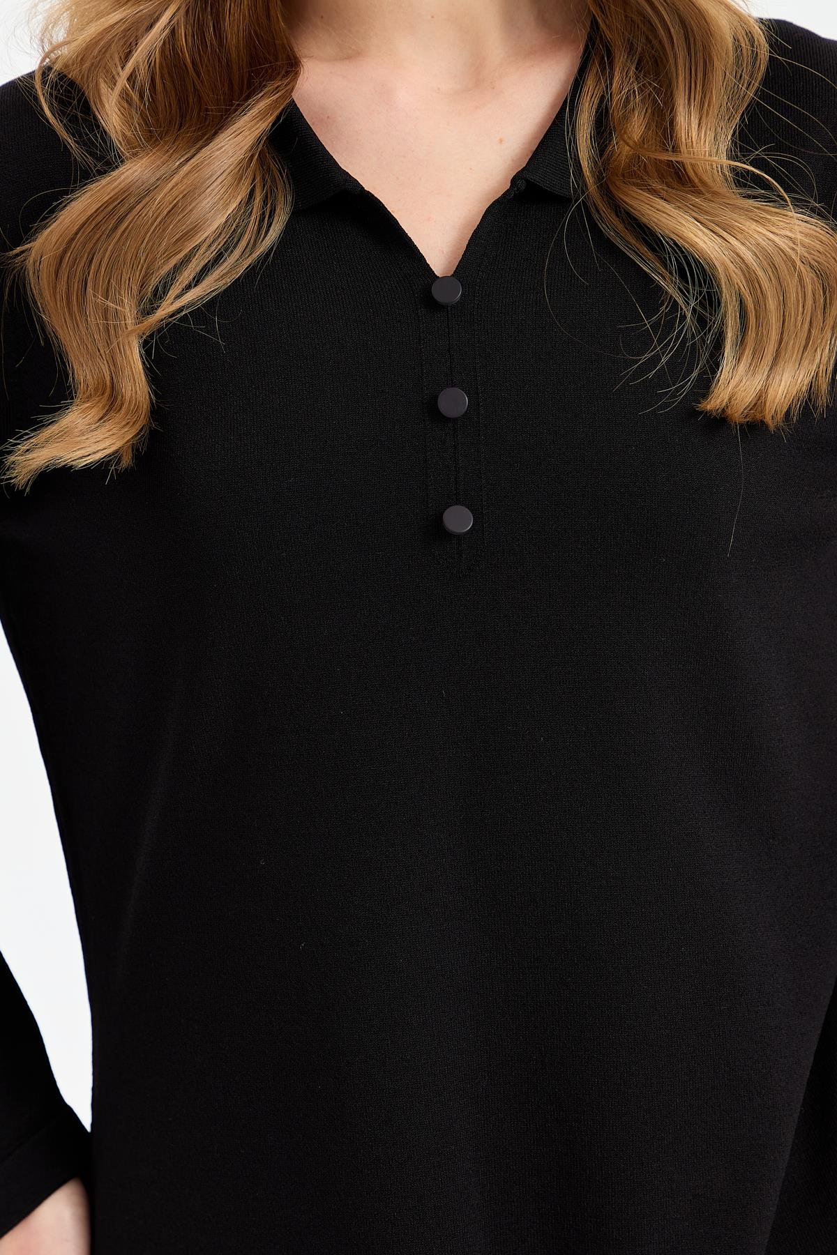24355Kadın Polo Yaka İnce Triko Bluz Siyah