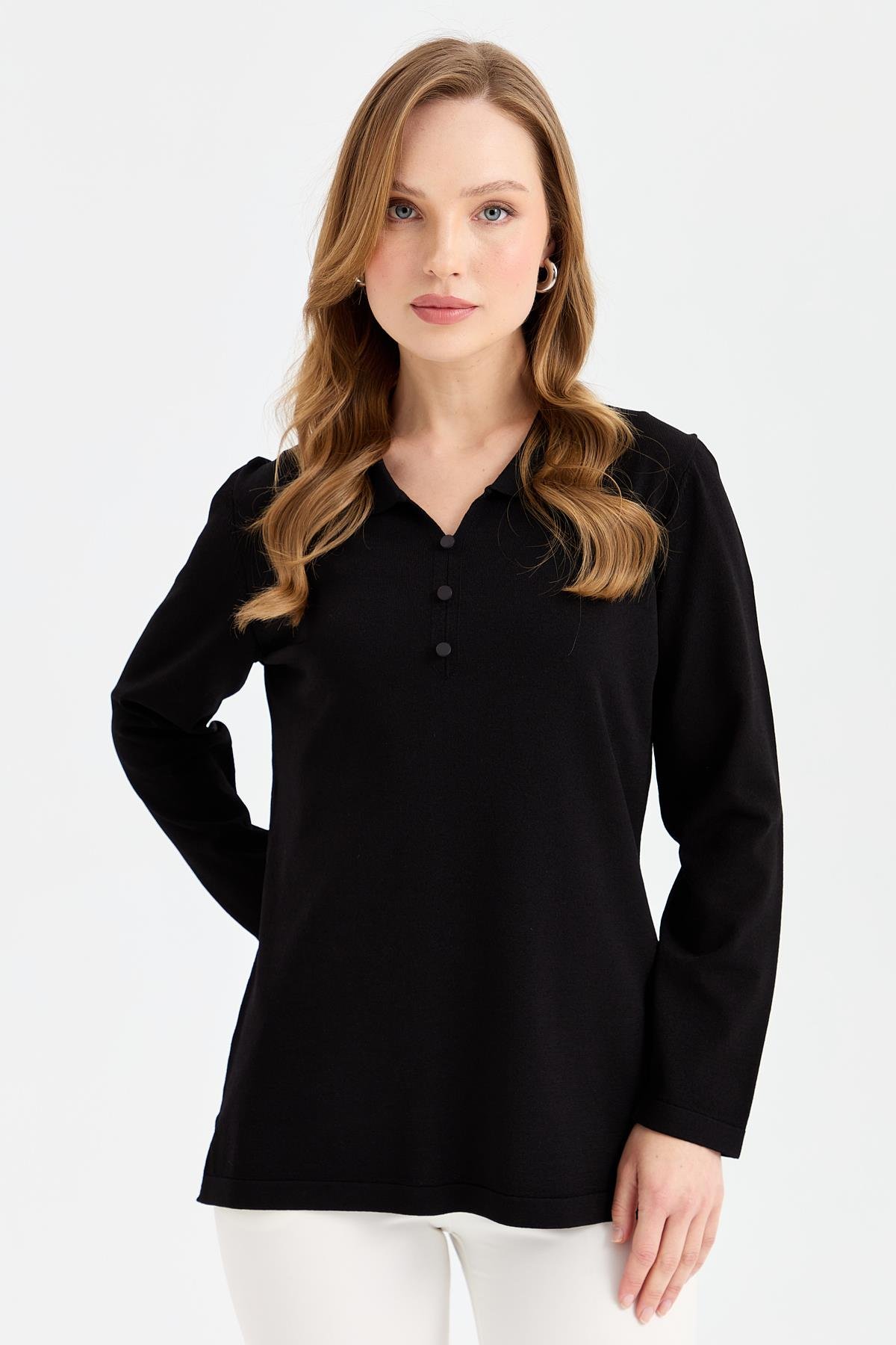 24355Kadın Polo Yaka İnce Triko Bluz Siyah