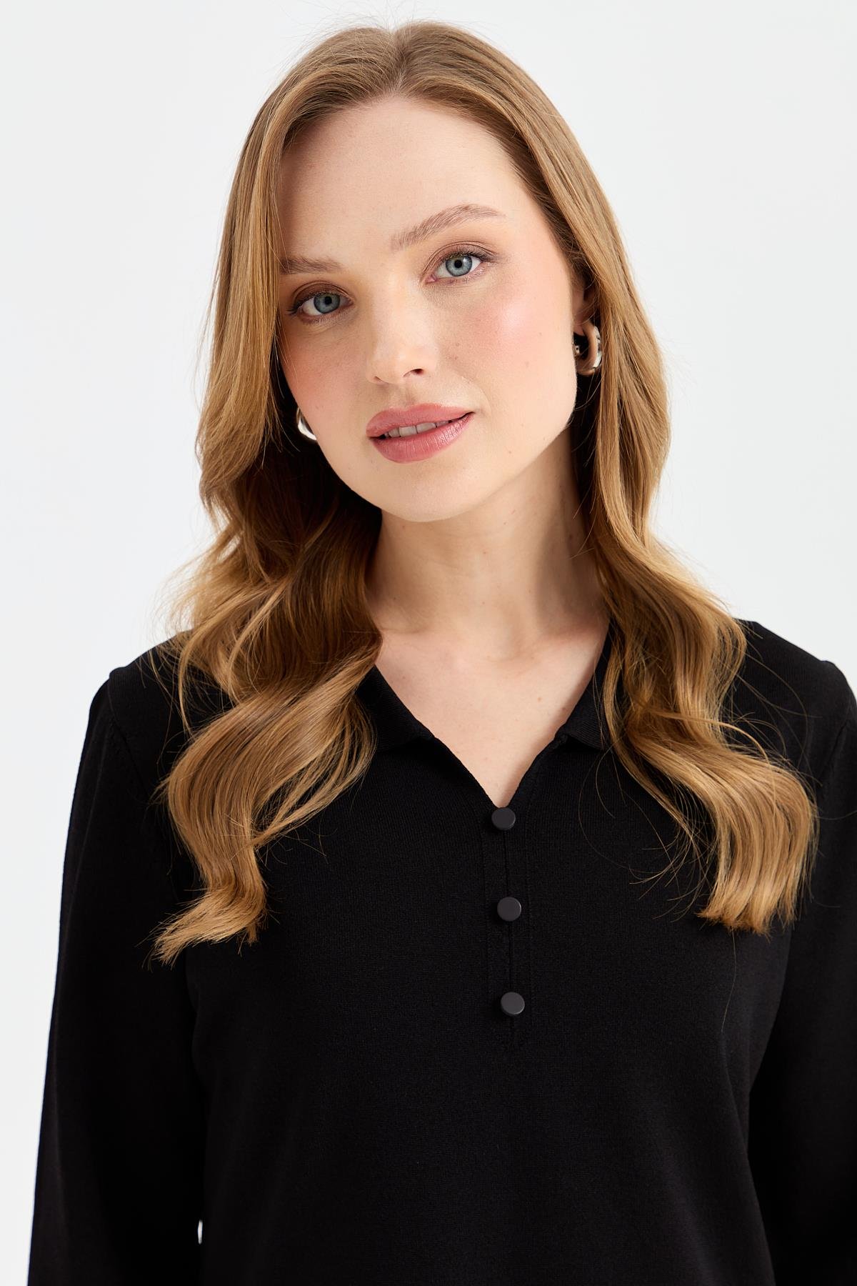 24355Kadın Polo Yaka İnce Triko Bluz Siyah