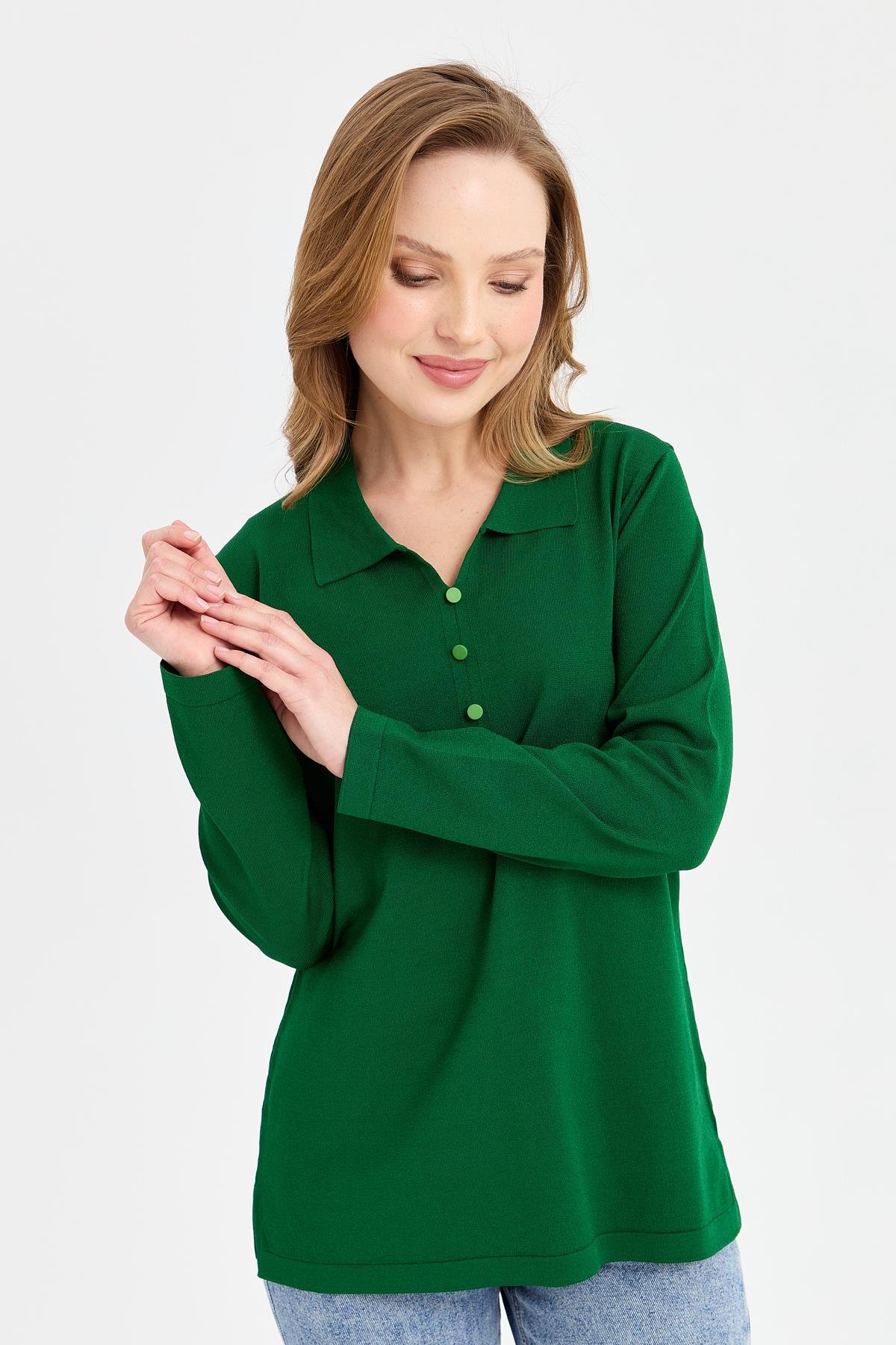 24355Kadın Polo Yaka İnce Triko Bluz Yeşil