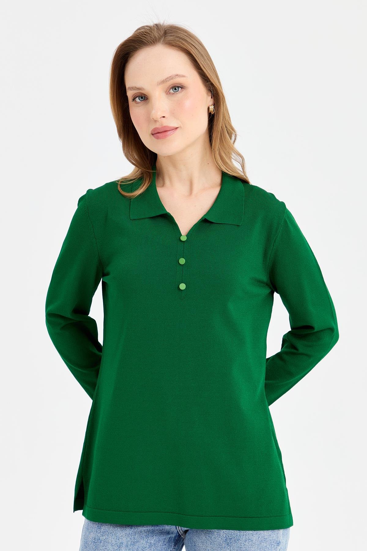 24355Kadın Polo Yaka İnce Triko Bluz Yeşil