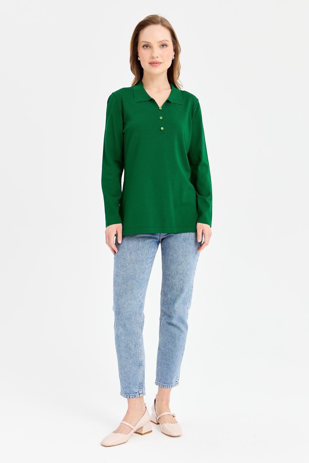 24355Kadın Polo Yaka İnce Triko Bluz Yeşil
