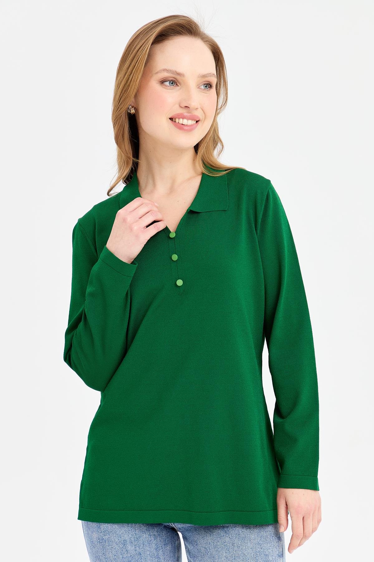 24355Kadın Polo Yaka İnce Triko Bluz Yeşil