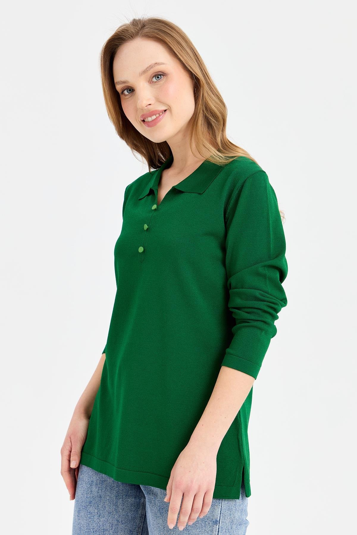 24355Kadın Polo Yaka İnce Triko Bluz Yeşil