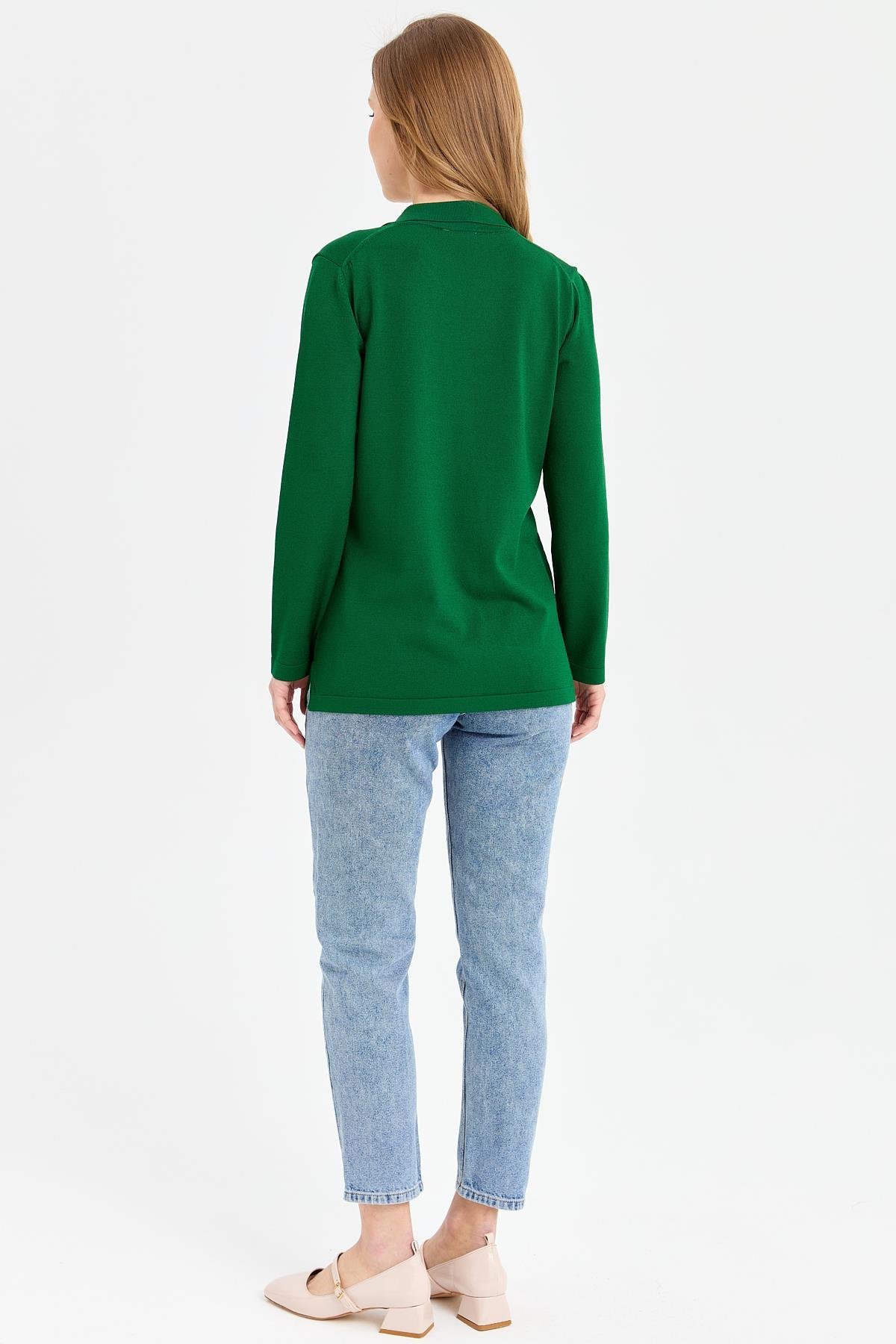 24355Kadın Polo Yaka İnce Triko Bluz Yeşil