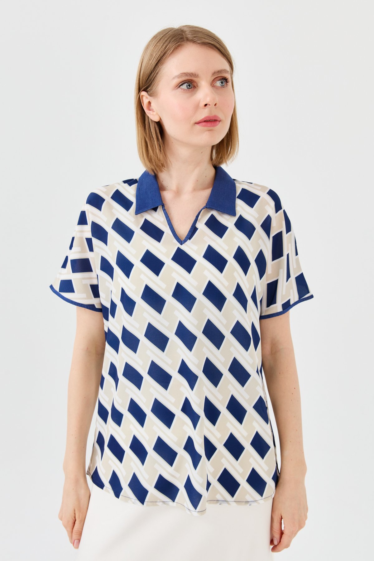 23458Kadın Polo Yaka Kare Desenli Penye T-shirt Lacivert