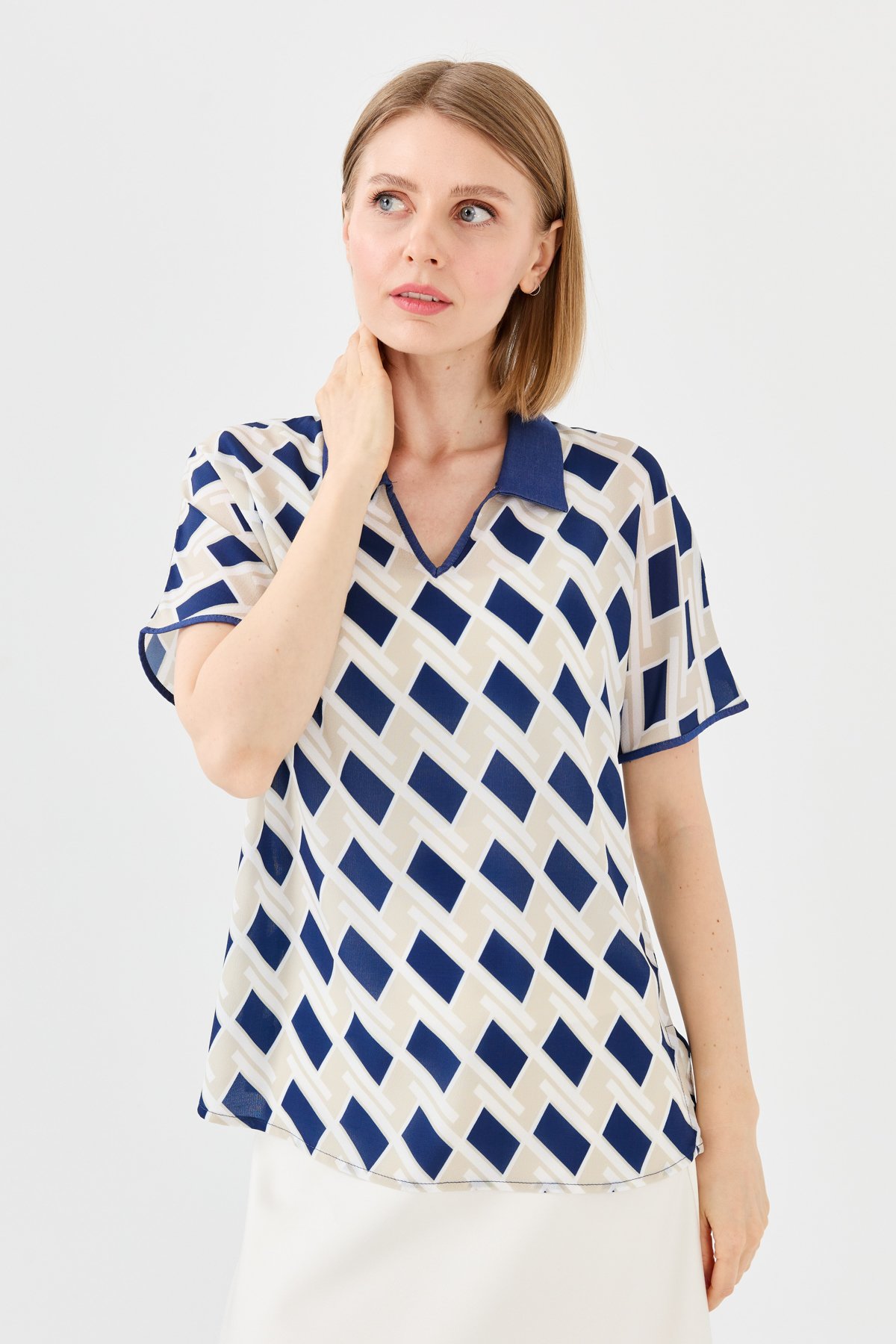 23458Kadın Polo Yaka Kare Desenli Penye T-shirt Lacivert